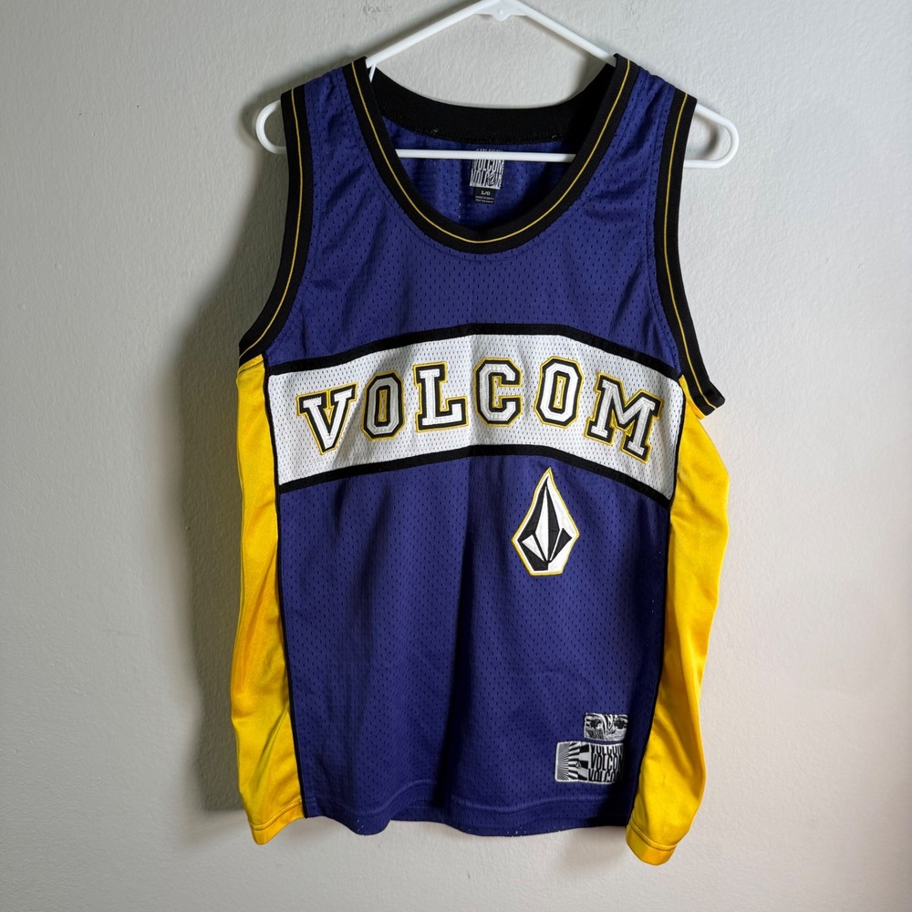 Volcom Stone Mens Basketball Jersey Purple Yellow Mesh Embroidered Tank Top L